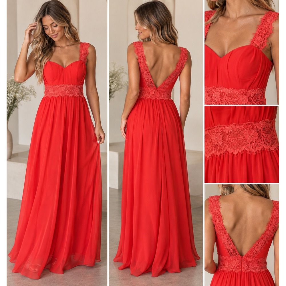 Ever-Pretty Red Lace Chiffon Evening Gown V-Back Maxi Dress 1023610213-1